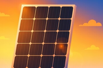 Solar panel illustration with grid pattern against vibrant orange and yellow sunset sky renewable energy