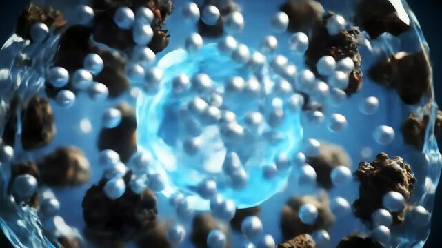 nanotech purifying a droplet of muddy water, contaminants dissolving into sparks of light until the droplet shines crystal clear