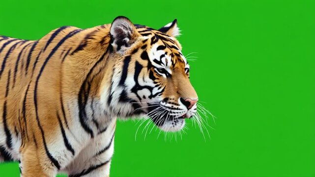Side profile of a tiger with black stripes standing against a solid green colored background view animal green screen video