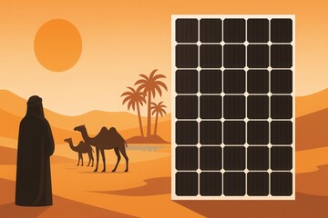 Solar panel in desert landscape with camels, oasis, and traditional Middle Eastern figure blending technology