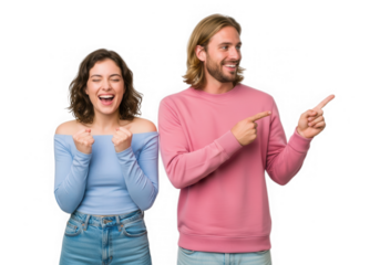 Excited couple pointing to the side isolated on transparent background