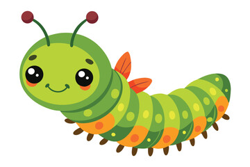 Smiling green caterpillar with cute eyes crawls forward on white background showing multiple body segments