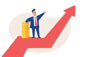 businessman with gold coins standing on rising arrow graph