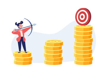 businesswoman on coins aiming arrow to higher goal