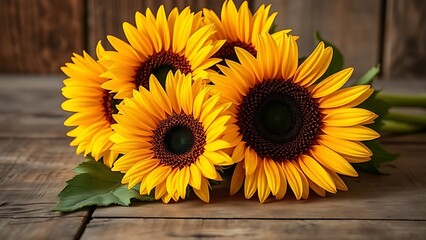 Rustic close-up of sunflower arrangement on a wooden surface with warm natural light.