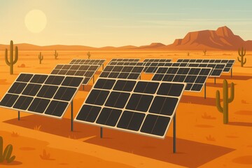 Solar panels in desert landscape illustration with mesas, cacti, and warm sunset tones emphasizing renewable
