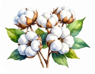 Watercolor Painting of Fluffy White Cotton Flowers and Green Leaves Isolated on White Background