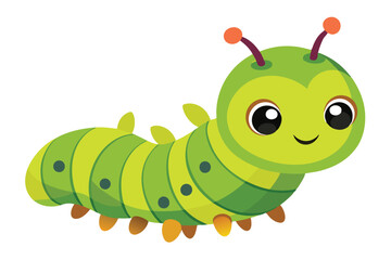 Cheerful cartoon green caterpillar with large eyes smiling on a white background