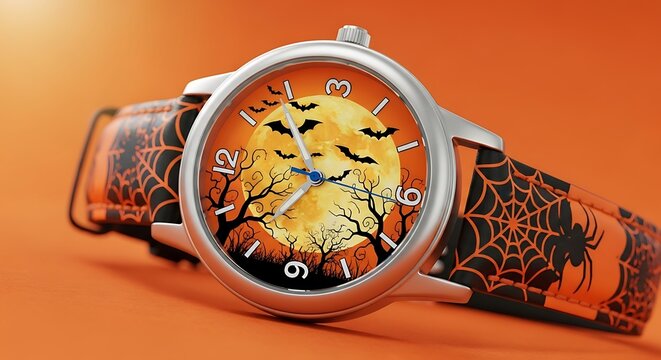 Spooky Halloween watch with full moon, bats, bare trees, and spider web band captures festive spirit for seasonal celebrations and costume parties - Powered by Adobe