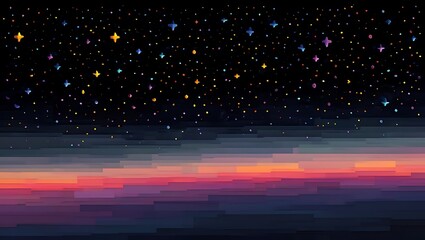 Pixelated starry night sky over colorful landscape illustration digital art