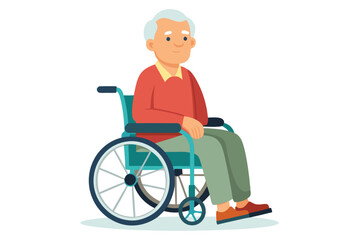 Mature white man sits calmly in a blue wheelchair against a transparent background
