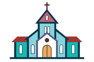 Cute church shows light blue architecture with a brown cross and light orange doors