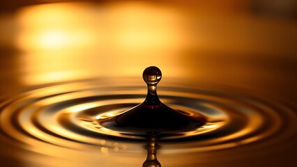 A droplet of a dark beverage creating a ripple, backlit with golden light.