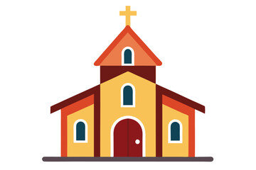 The simple yellow church stands prominently with its red roof and cross emblem against transparent background
