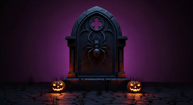 Spooky Halloween tombstone with carved spider and glowing jack-o'-lanterns creates an eerie atmosphere for festive celebrations