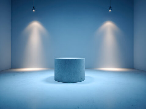 Minimalist empty space with a cylindrical concrete pedestal illuminated by soft hanging spotlights in a modern blue room interior setting for product display or art exhib