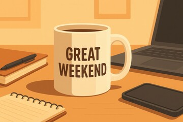 Digital illustration of cozy workspace with coffee mug displaying Great Weekend text, laptop, notebook, smartphone