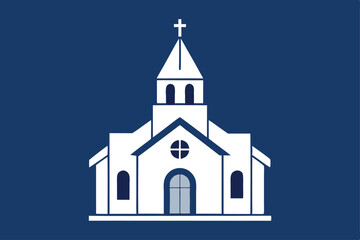 Minimalist white church building stands elegantly against a simple dark blue background scene