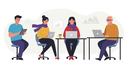 Diverse team collaborates on project, using laptops and tablets.