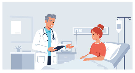 Doctor consults with a patient in a hospital room, discussing medical information.