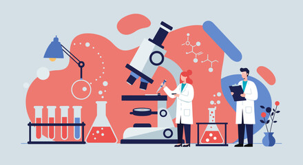 Obraz premium Scientists conduct research using a microscope and lab equipment.