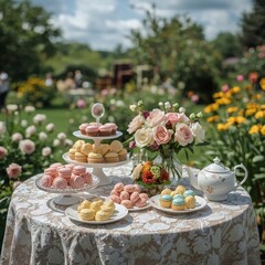 Naklejka premium Delicate pastel-colored desserts arranged on wooden garden table 