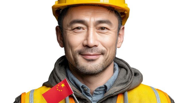 Professional construction worker with a yellow hard hat smiling at the camera while holding a small flag representing China in a close-up portrait