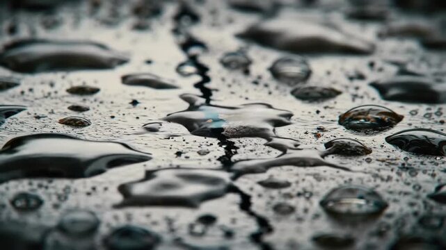 Water droplets on a surface with a crack, close up view