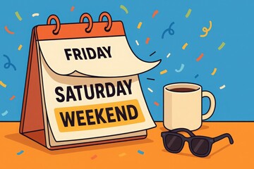 Cartoon illustration of desktop calendar highlighting Friday, Saturday, weekend with coffee mug, sunglasses, confetti