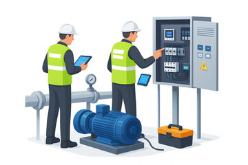 Industrial engineers inspecting electrical control panel and water pump system with digital tablets – vector illustration
