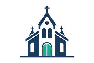 Blue and white church structure shows crosses topping steeples with a green door is transparent