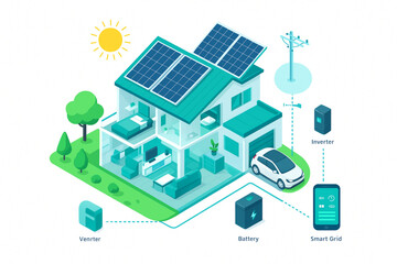 "Isometric Vector Illustration of Smart Home with Solar Panels, Battery Storage, and Electric Car Charging Connected to Smart Grid"