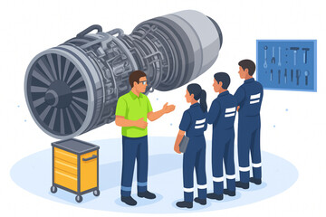 "Isometric Vector Illustration of Aircraft Engineers Training on Jet Engine Maintenance with Instructor"