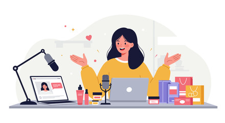 Cheerful woman recording a beauty video, surrounded by cosmetics and shopping bags.