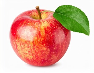 Close Up of a Red Apple with Green Leaf Isolated Against a White Background