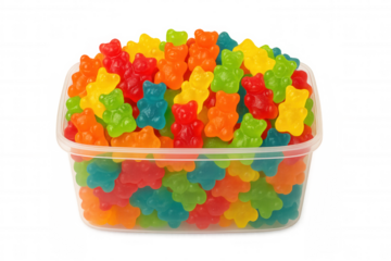 Colorful gummy bears spilling from transparent container, forming sweet candy cascade with vibrant rainbow hues against clean surface