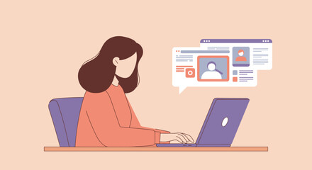 Fototapeta premium Woman working on a laptop, engaged in online communication and social media interaction.
