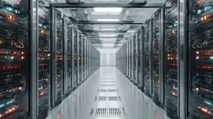 A long corridor lined with rows of tall, metallic server racks, brightly lit, showcasing a modern data center's infrastructure