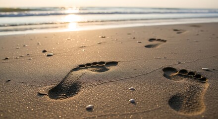 Footprints in the Sand at Sunset on a Tropical Beach.