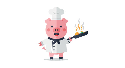 A cheerful pig chef proudly presents sizzling food in a frying pan.
