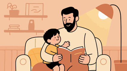 Father and son share a special moment reading a book together at home