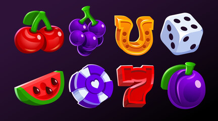 Set cartoon casino slot icons. Slot machine elements. Element for gambling game. Vegas asset collection with cherry, dice, seven, cherry and horseshoe. Vector illustration