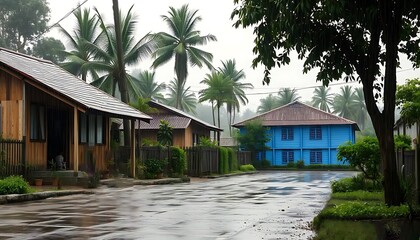 Tropical village street after rain