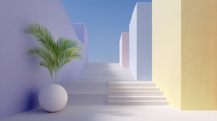 Fototapeta premium Vibrant stairway with modern architecture and tropical plant in a serene outdoor setting