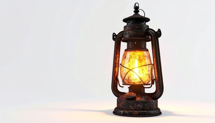 Vintage Rusty Lantern with Amber Glow Standing on White Background