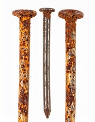 Three Nails Two Heavily Rusted with Orange Hues And One Steel Centered on White Background