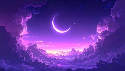 Purple night sky, crescent moon