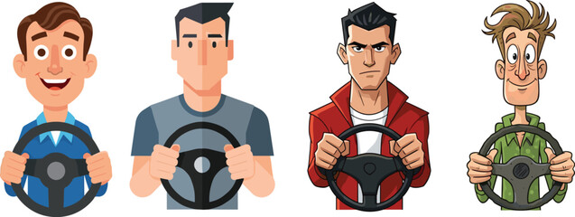 Cartoon man, driving expression, steering wheel, male character, emotion, funny face, serious look, illustration, personality, behavior, goofy driver, focused man, intense stare, cheerful mood