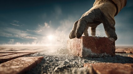 Bricklaying Hand Placing Brick In Construction Site