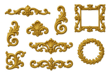 Set of elegant golden ornaments and frames isolated on transparent background, providing versatile design elements for various creative projects